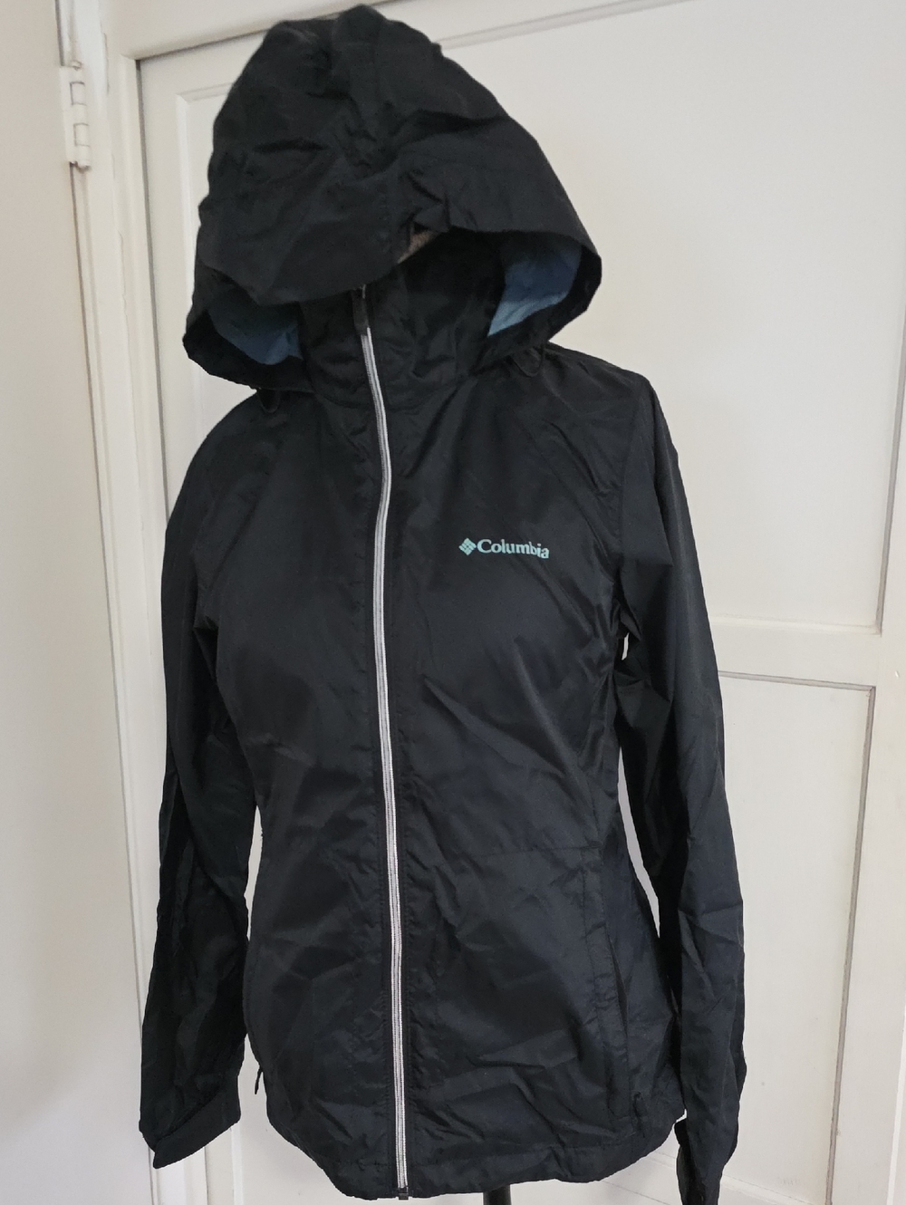 Columbia Black Hooded Waterproof Jacket with Light Blue Logo
